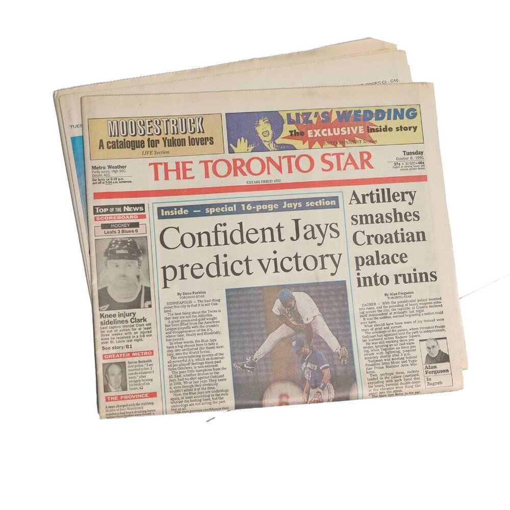 Vintage 1991 Toronto Star Newspaper Blue Jays Baseball Sports 90s Collectable
